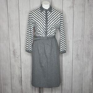 VTG 70s Newton Centre Grey Striped Long Sleeve Knit Belted Shirt Dress, sz 12